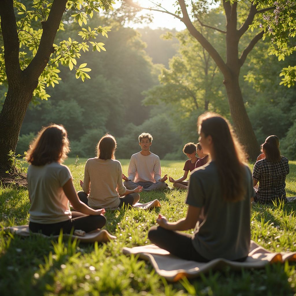 Muggles at Triratna community gathering in a peaceful garden setting