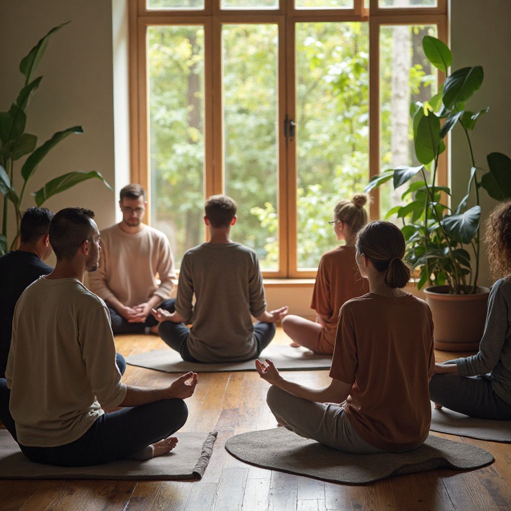 Group meditation session in a bright modern space